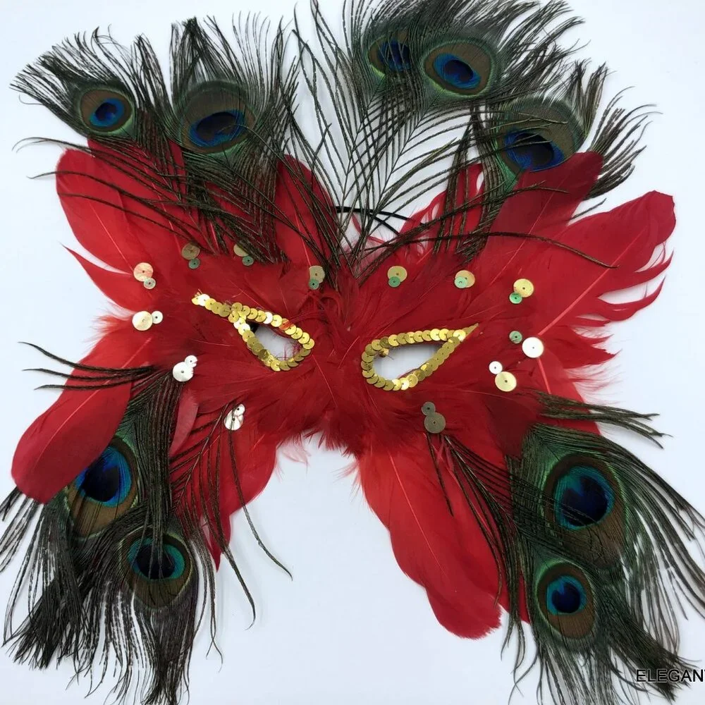 LOT 6 Masqquerade Mardi Gras Mask Adult Feathered Sequins Red Blue Green Orange